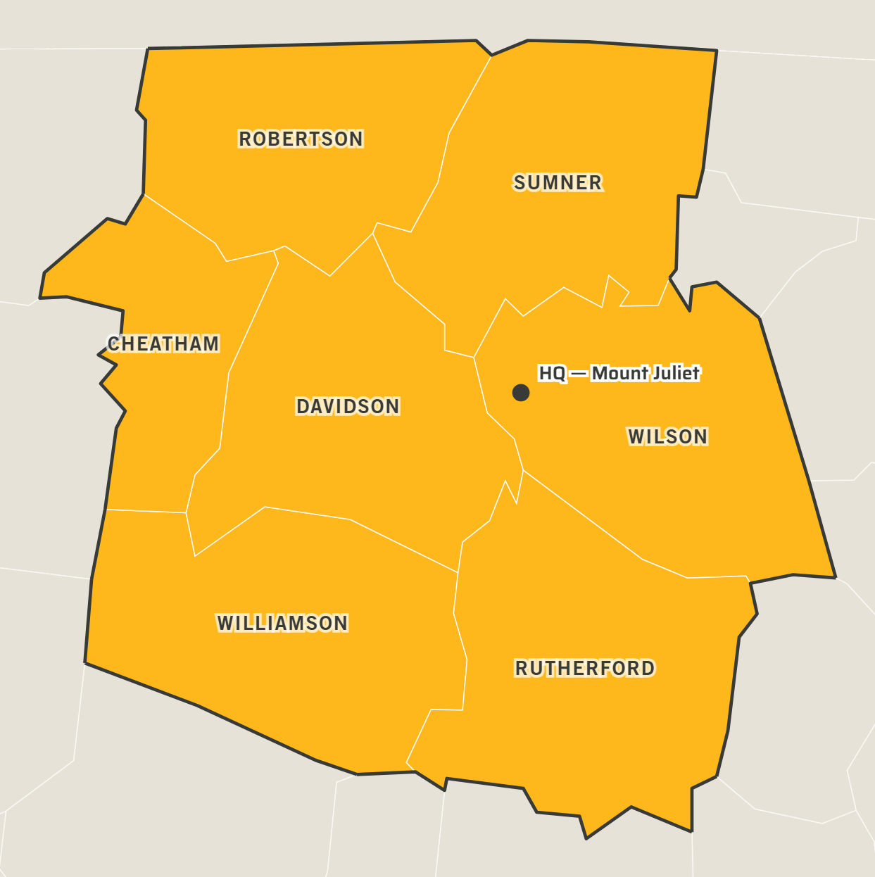 Map of the Middle Tennessee counties Proper Deck & Fence serves: Robertson, Sumner, Cheatham, Davidson, Wilson, Williamson, and Rutherford, with headquarters in Mount Juliet.