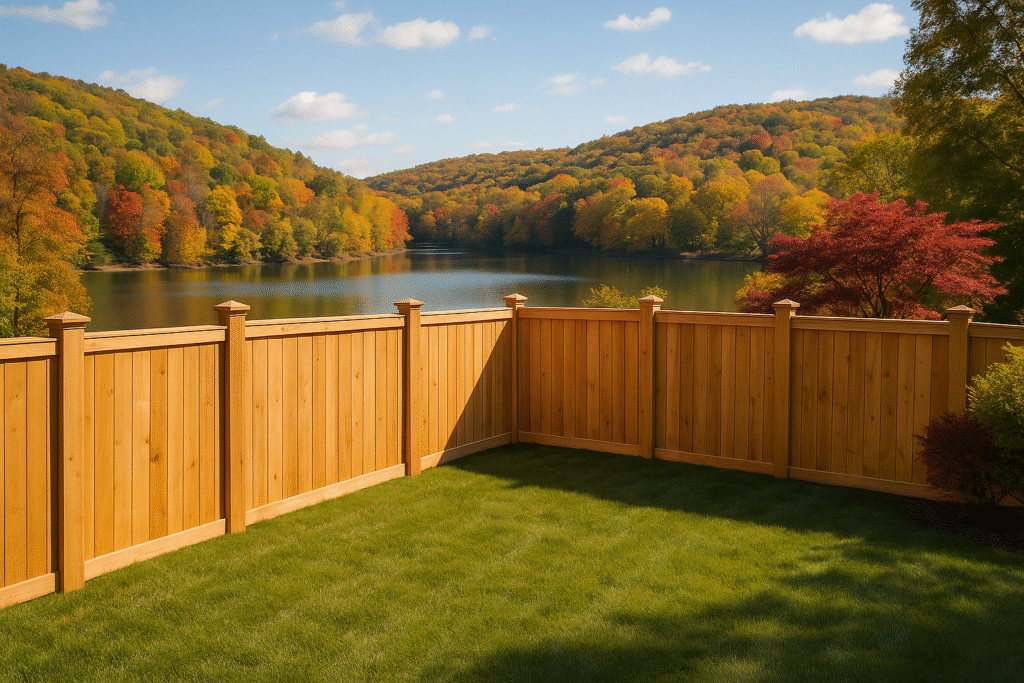 Cedar privacy fence in a Tennessee backyard with lake and wooded hills in fall, premium fencing installation by Nashville fence contractor