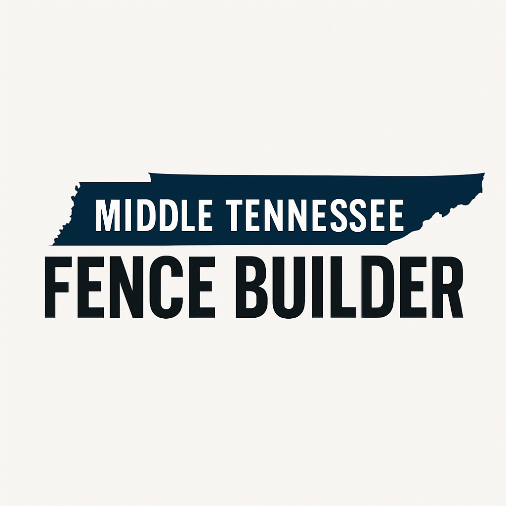 Logo depicting a navy blue silhouette of the state of Tennessee with the words “MIDDLE TENNESSEE” in bold white uppercase letters centered over the silhouette, and “FENCE BUILDER” in larger black uppercase letters directly below.